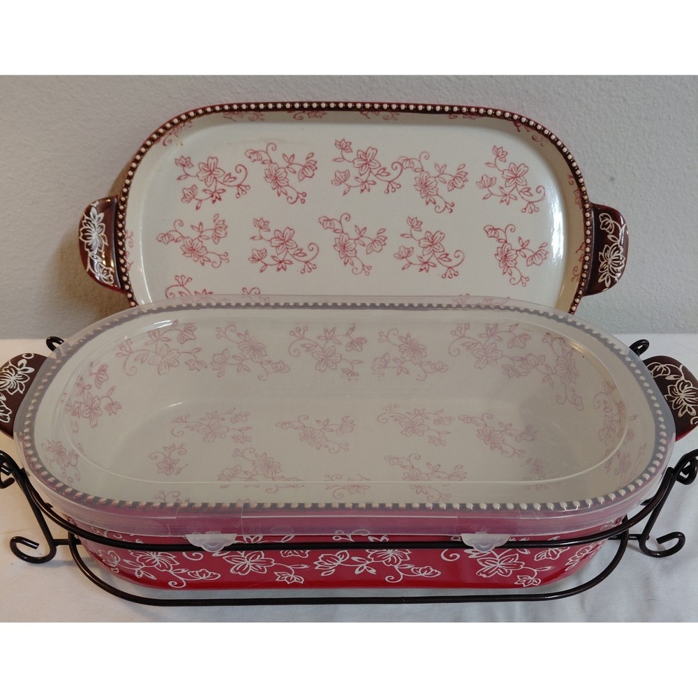 Temp-tations by Tara Floral Lace Red 2 Qt Oval Baker Lid-It Tray Rack & Lid Set